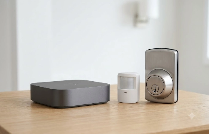 Zigbee motion sensor and smart lock next to a hub, showing non-Wi-Fi devices that require a hub