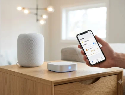 Smart home hub connected to voice assistant speaker and app on phone