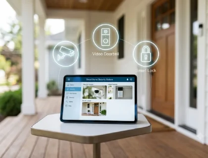 Smart home security system with connected camera, doorbell, and lock icons