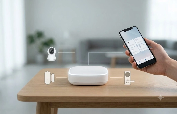 Smart home security hub connecting camera, sensor, and lock to one app