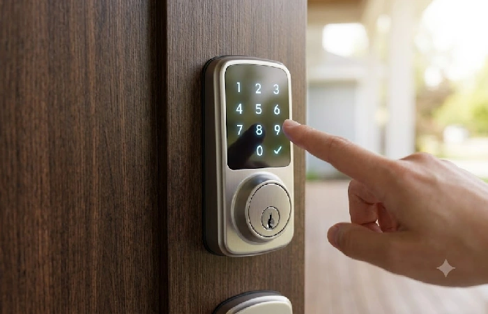 Smart lock with keypad installed on a front door