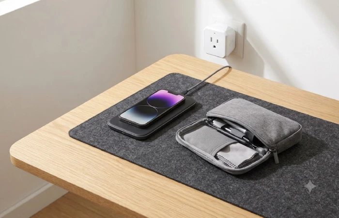 Smart plug in outlet, wireless charging pad on desk, and electronics cleaning kit