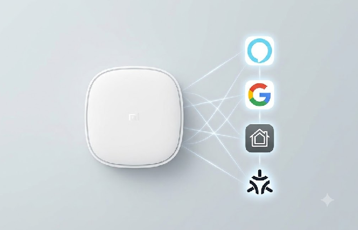 Alexa, Google Home, and Apple HomeKit logos beside a security hub