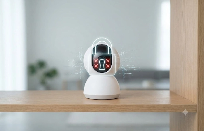 Padlock icon over a smart security camera representing IoT hacking risk