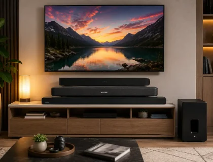 Best smart TV soundbars 2026 arranged below a mounted television in a living room