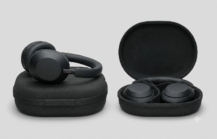 Foldable Sony WH-1000XM6 travel headphones in a compact case