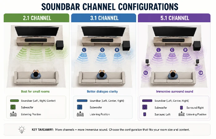 Soundbar channel configuration comparison showing 2.1, 3.1, and 5.1 layouts