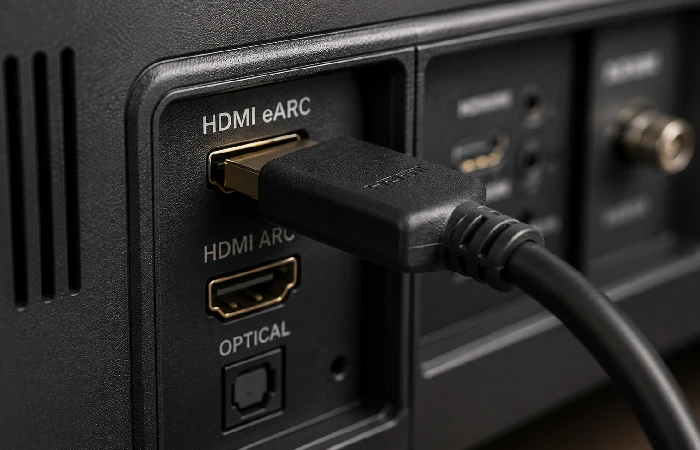 Close-up of HDMI eARC port on a smart TV with cable connected