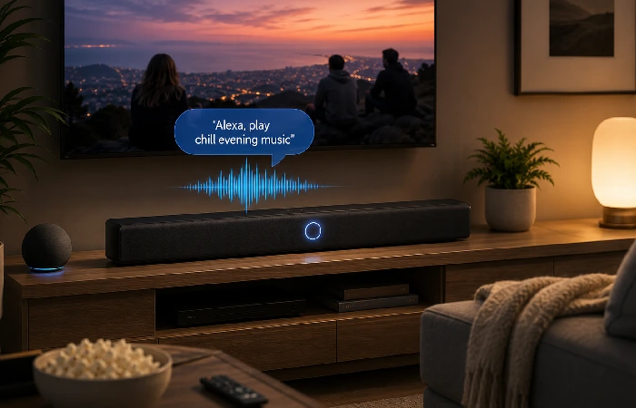 Soundbar with Alexa voice assistant responding to a music command