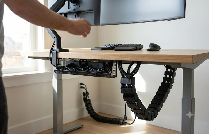 Cable spine running from standing desk tray to floor outlet with desk at full height