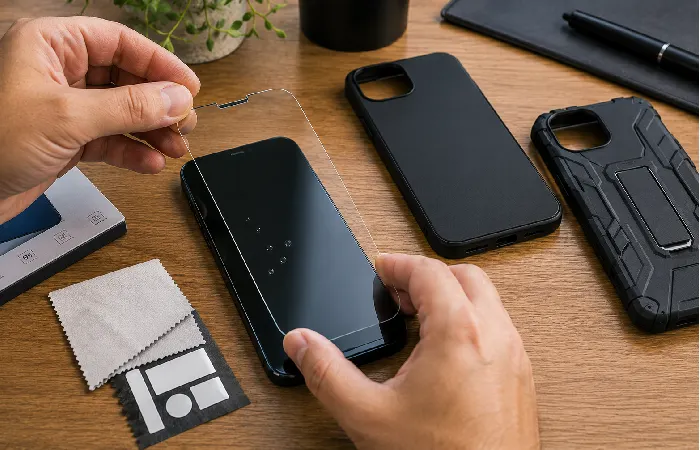 9H tempered glass screen protector being applied alongside slim and rugged phone cases
