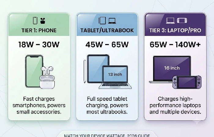 Infographic showing travel adapter wattage tiers for phones, tablets, and laptops