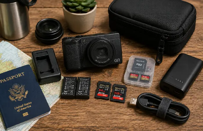 Camera with spare battery, SD cards, charger, travel pouch and passport