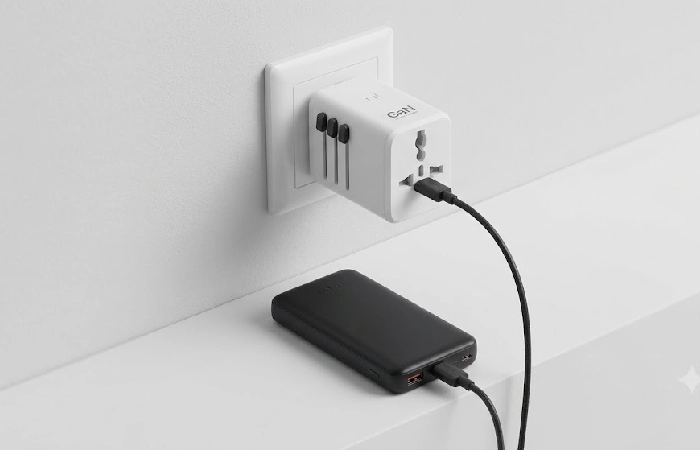 GaN universal travel adapter and power bank for international travel