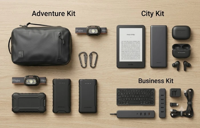 Travel gadget kits sorted by trip type on a flat surface