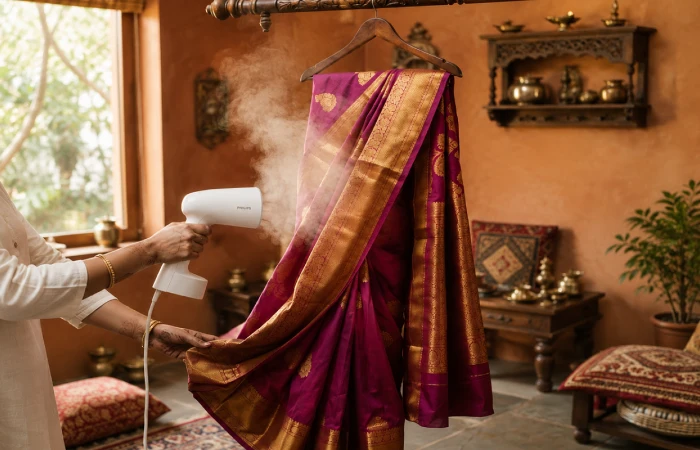 dual voltage travel steamer used on a saree in India