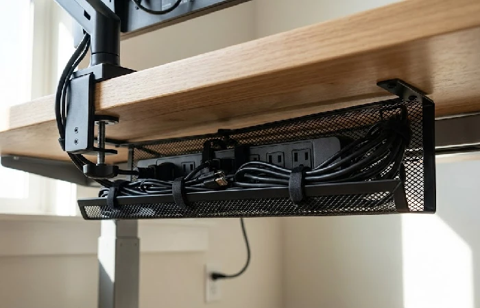 Metal mesh under-desk cable tray holding power strip and bundled cables beneath a wooden desk