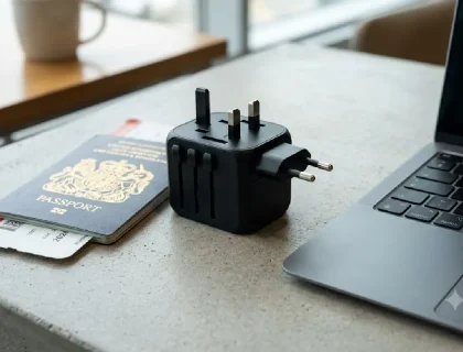 Universal travel adapter with UK, EU and US plug blades beside a passport and laptop, 2026