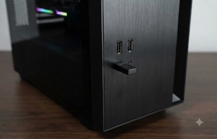USB wireless dongle plugged into a front-facing PC port for optimal headset performance