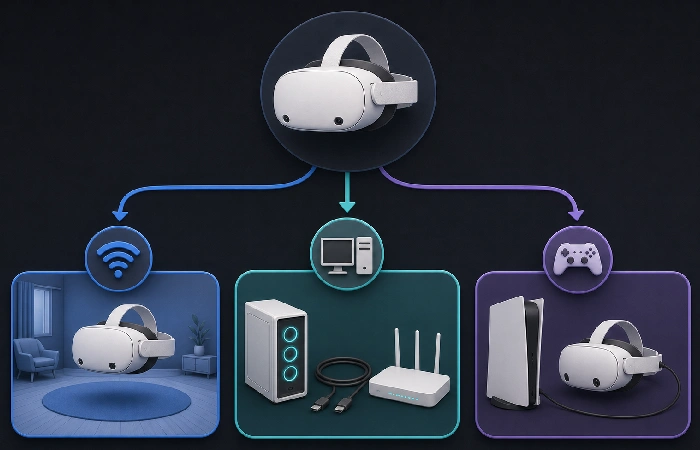 Decision guide showing standalone VR, PC VR, and PS5 VR paths
