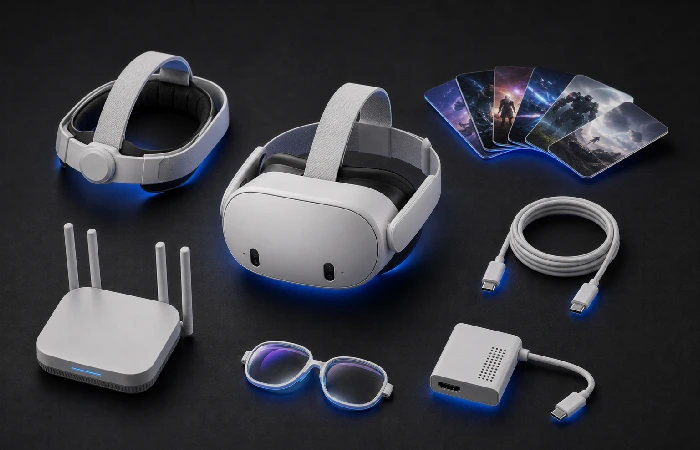VR headset ownership items including comfort strap, games, cable, router, lens inserts, and adapter