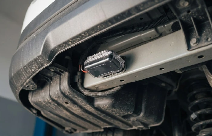 Portable waterproof GPS tracker magnetically mounted inside a car bumper