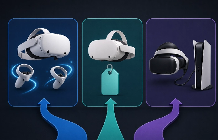 Three-path visual for standalone VR, budget VR, and PS5 VR choices