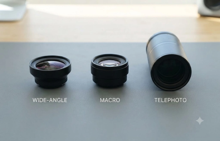 Wide-angle macro and telephoto phone lens attachments side by side