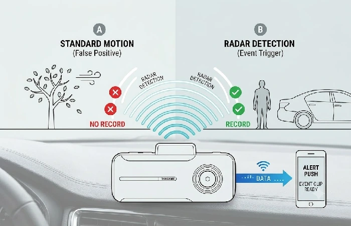 Dash cam with parking mode, radar-based motion detection diagram