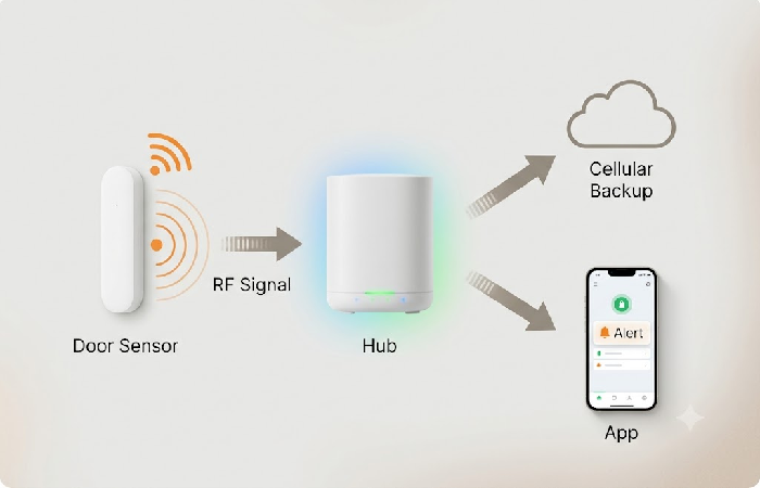 Diagram of how a wireless alarm sensor communicates with the hub
