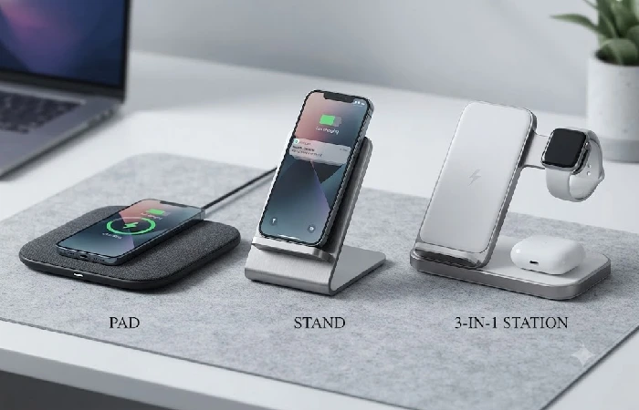 Wireless charging pad, stand, and 3-in-1 station types compared