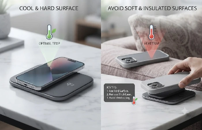Wireless charging battery health tips showing hard surface and case removal
