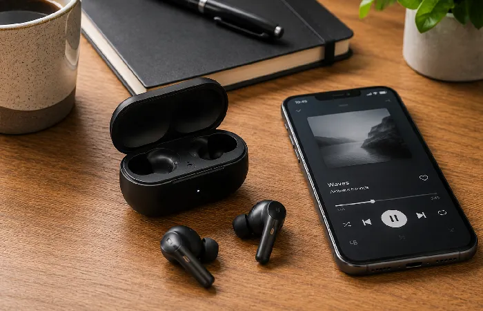 Wireless ANC earbuds with charging case on a desk next to a smartphone