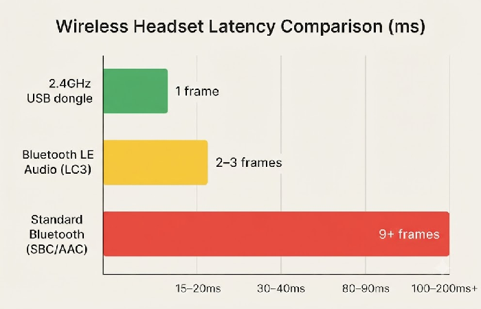Bar chart comparing 2.4GHz dongle, Bluetooth LE Audio, and standard Bluetooth latency in milliseconds