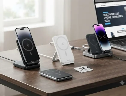 Best wireless phone chargers 2026 showing Qi2 charging pads and stands on a desk