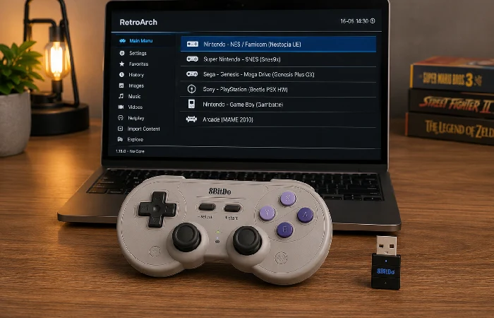8BitDo wireless retro controller for PC with USB dongle next to a laptop running RetroArch