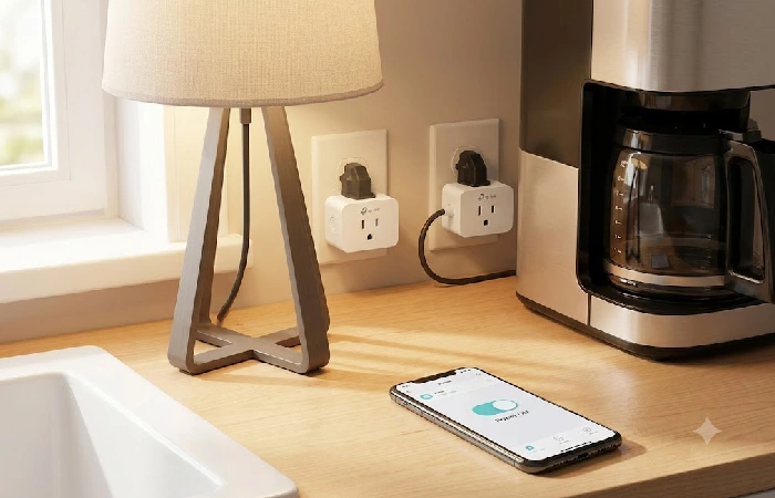 TP-Link Kasa EP10 and KP125M smart plugs next to a lamp and coffee maker showing app control