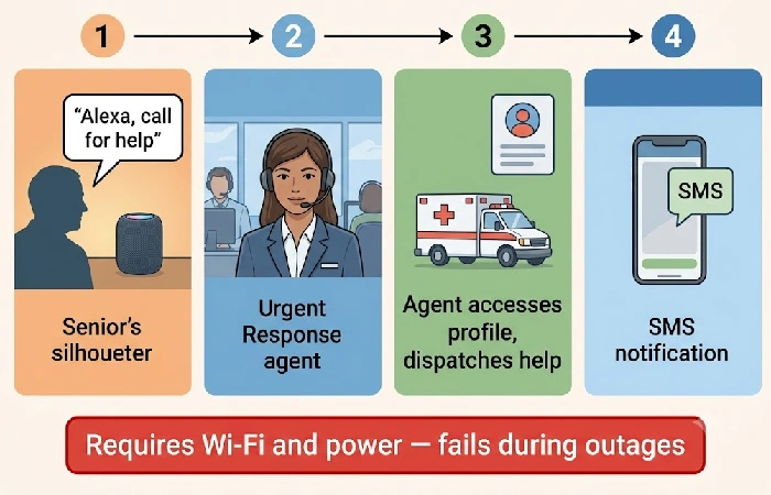 Flowchart showing Alexa Emergency Assist workflow from voice command to Urgent Response agent to emergency dispatch