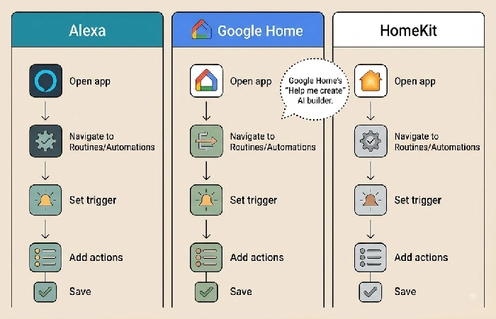 Side-by-side comparison of routine setup steps in Alexa, Google Home, and Apple HomeKit apps