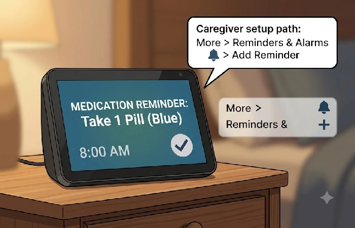 Echo Show 8 screen displaying a medication reminder with on-screen text and Alexa app setup path visible