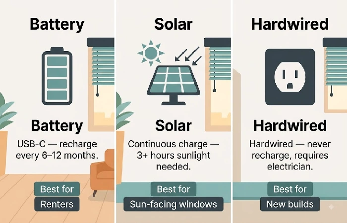 Infographic comparing battery, solar, and hardwired power options for motorized blinds with recharge cycles and best use cases