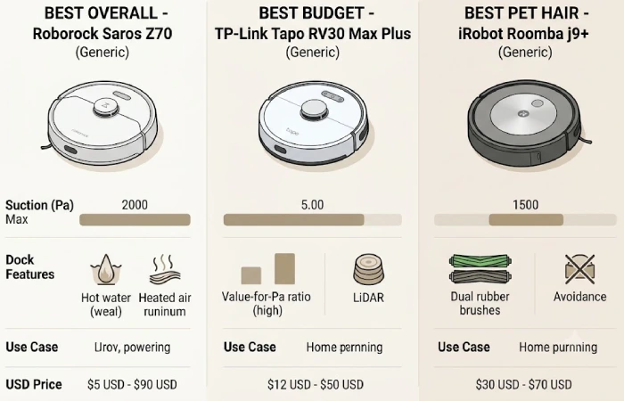 Infographic comparing top 3 robot vacuums of 2026 by suction, price, and use case