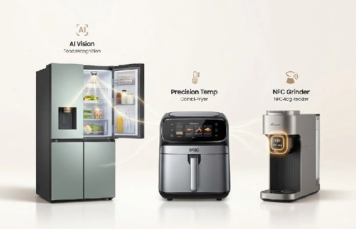 Top three smart kitchen appliances for 2026 showing Samsung Bespoke AI fridge, Dreo ChefMaker, and xBloom