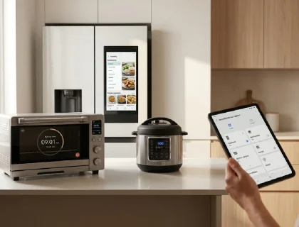Modern kitchen counter displaying smart fridge, app-controlled oven, and connected multi-cooker in a 2026 home