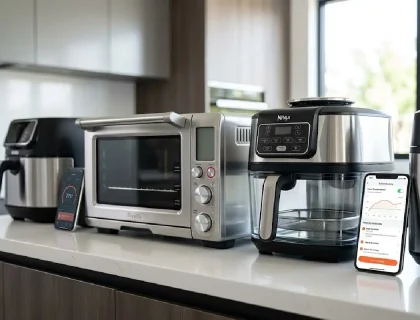 Smart oven and air fryer lineup on a kitchen counter with app screens showing guided cooking controls