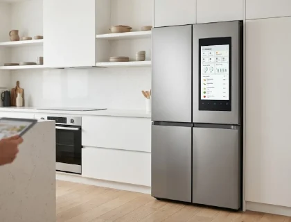 Modern smart refrigerator with touchscreen and AI food tracking in a contemporary kitchen