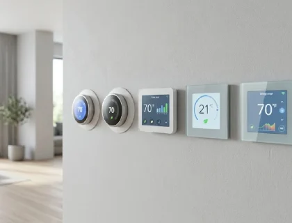 Five smart thermostats mounted on a modern wall showing temperature displays and energy dashboards