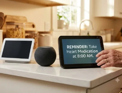 Three smart speakers on a kitchen counter with an elderly hand reaching toward an Echo Show 8 display showing a medication reminder