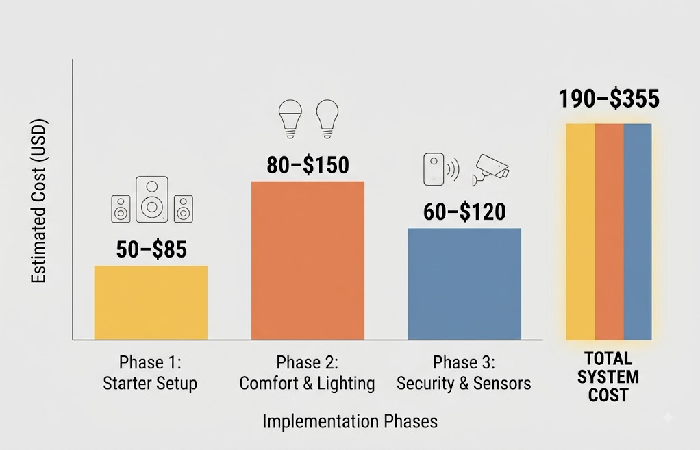 Bar chart showing three phases of budget home automation: Phase 1 at 50–85, Phase 2 at 80–150, Phase 3 at 60–120, totaling 190–355