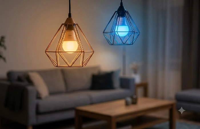 WiZ Connected and Tapo L535E smart bulbs glowing in different colors in a living room setting